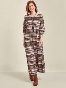 EMERY ROSE Plus Size Women Fitted Casual Striped Dress Maxi Women Outfit Fall Cloth For Women - Multicolor - View 4