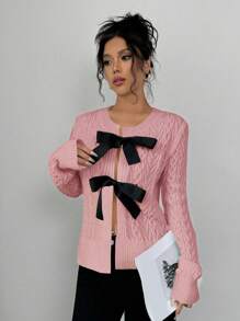 SHEIN Unity 女士休闲长袖蝴蝶结装饰开衫，秋冬 - 藕粉色 - 查看 6