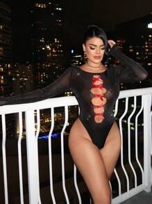 SHEIN SXY Sexy & Cute Bow Decor Hollow & Rhinestone Embellished Bodysuit, For Autumn/Winter - Black - View 1