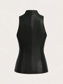 SHEIN X Belinda SHEIN Essnce Black PU High Collar Sleeveless Top Cool Sexy Elegant Casual Waist Top For Women - Black - View 2