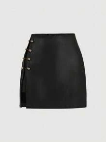 SHEIN MOD Chân váy chữ A giả da màu nâu xẻ tà kim loại, chân váy đi chơi, chân váy cổ điển, trang phục mùa thu, chân váy gợi cảm, chân váy da - màu đen - Xem 1