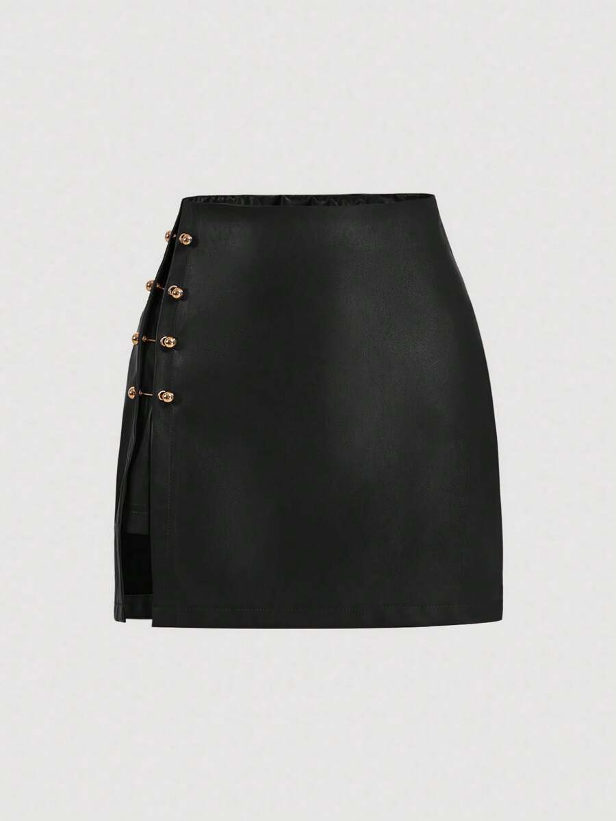 SHEIN MOD Chân váy chữ A giả da màu nâu xẻ tà kim loại, chân váy đi chơi, chân váy cổ điển, trang phục mùa thu, chân váy gợi cảm, chân váy da - màu đen - Xem 1