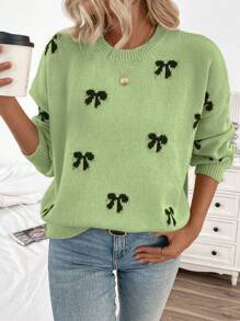 Chiquease 2024新款女士时尚蝴蝶结图案休闲套头毛衣，青春洋溢的设计，秋冬针织套头衫 - 青檸色 - 查看 3