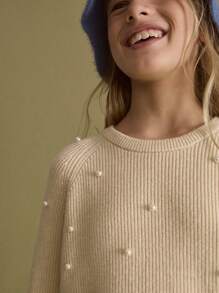 SHEIN Áo len tay raglan cổ tròn trang trí ngọc trai thường ngày cho bé gái tuổi mới lớn, màu trắng, dành cho mùa thu đông - Màu be - Xem 3
