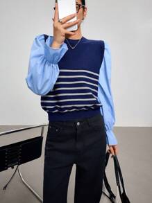 EastFlair Women Striped Patchwork Dual-Purpose Long Sleeve Casual Blouse, Commuting Style, Autumn/Winter