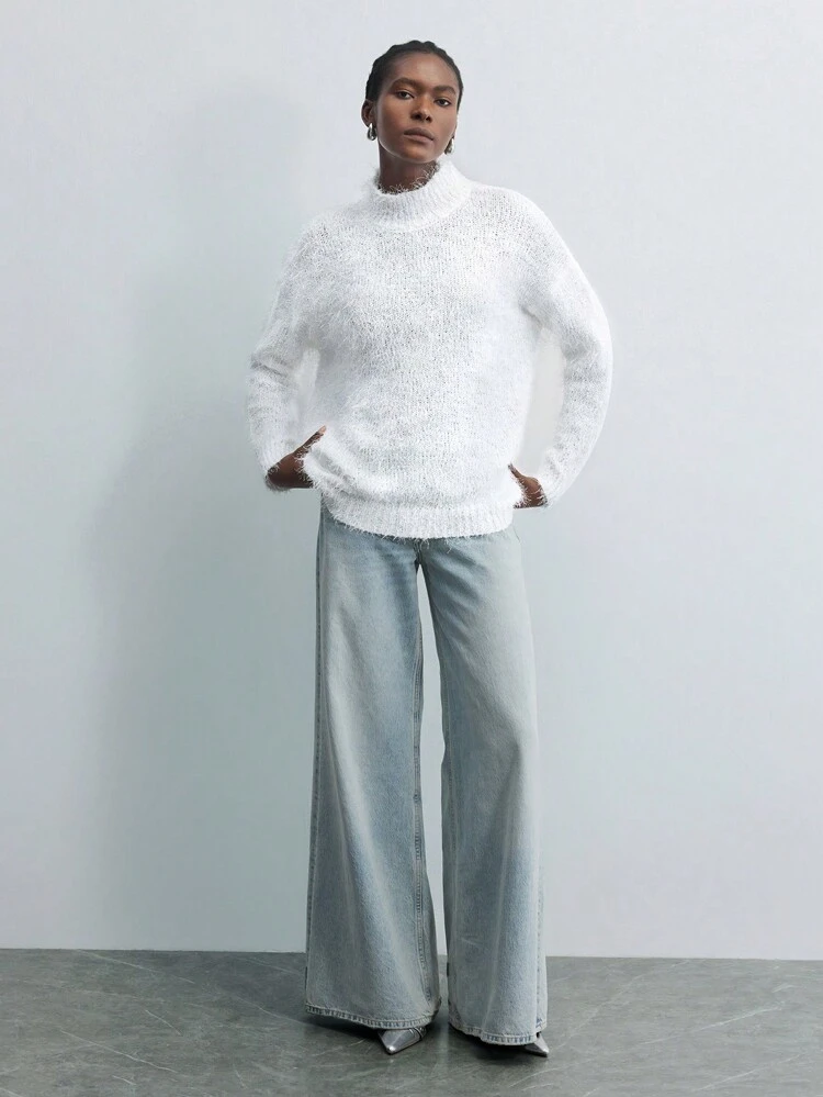 SHEIN Maija Damen locker sitzender, gemütlicher, flauschiger Stehkragen-Oversize Pullover mit Schneeflocken Muster, lässiger Weihnachtspullover