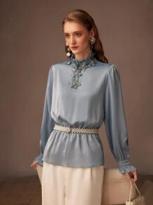 MOTF PREMIUM WOMEN SEQUIN AND BEADED APPLIQUES DETAIL FRILL MOCK NECK FLARE SLEEVE BLOUSE - Baby Blue - View 4