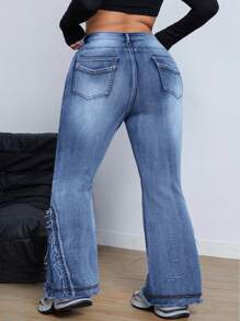 SHEIN ICON Plus Size Spring Autumn Casual Distressed Flared Hem Denim Jeans - Blue - View 2