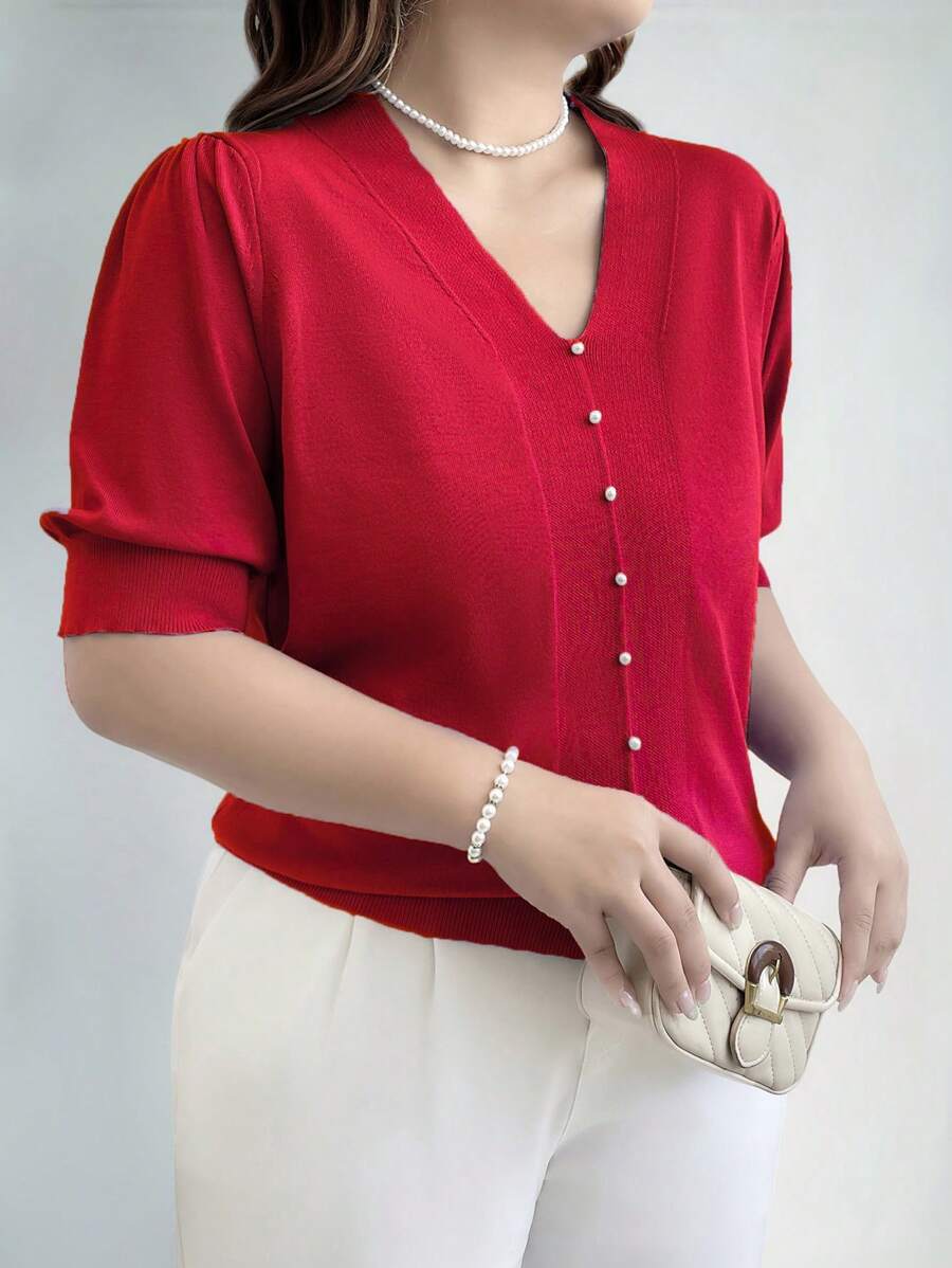 Plus Size Short Sleeve Embellished Faux Pearl Knitted Sweater, Spring/Autumn For New Year, For Winter Fall - Red - View 1