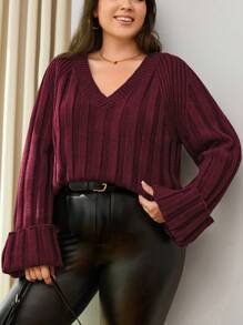 SHEIN Cottnline Plus Rib Solid Color Raglan Sleeve Sweater, Winter - Burgundy - View 3