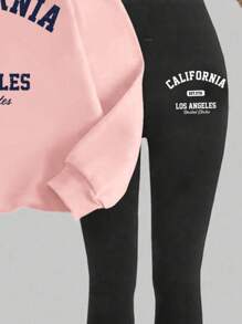 SHEIN Leap Crew Bộ 2 món/Bộ áo nỉ dài tay thường ngày và quần nỉ cho bé gái tuổi mới lớn, bộ đồ nỉ dày, trang phục phù hợp cho mùa thu/đông - Hồng - Xem 4