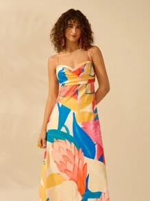 CAJUNI Boho Colorful Tropical Plant Print Sleeveless Sling, Hollow-Out Back Tie Long Dress, Casual Beach Holiday Summer Dress For Women