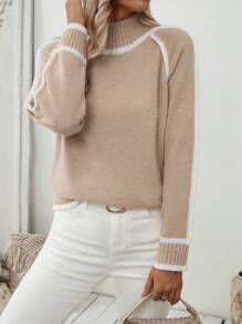 SHEIN LUNE Women Casual Loose Fit Contrast Color Stand Collar Raglan Sleeve Sweater, Autumn/Winter Knit Pullover Fall - Khaki - View 5