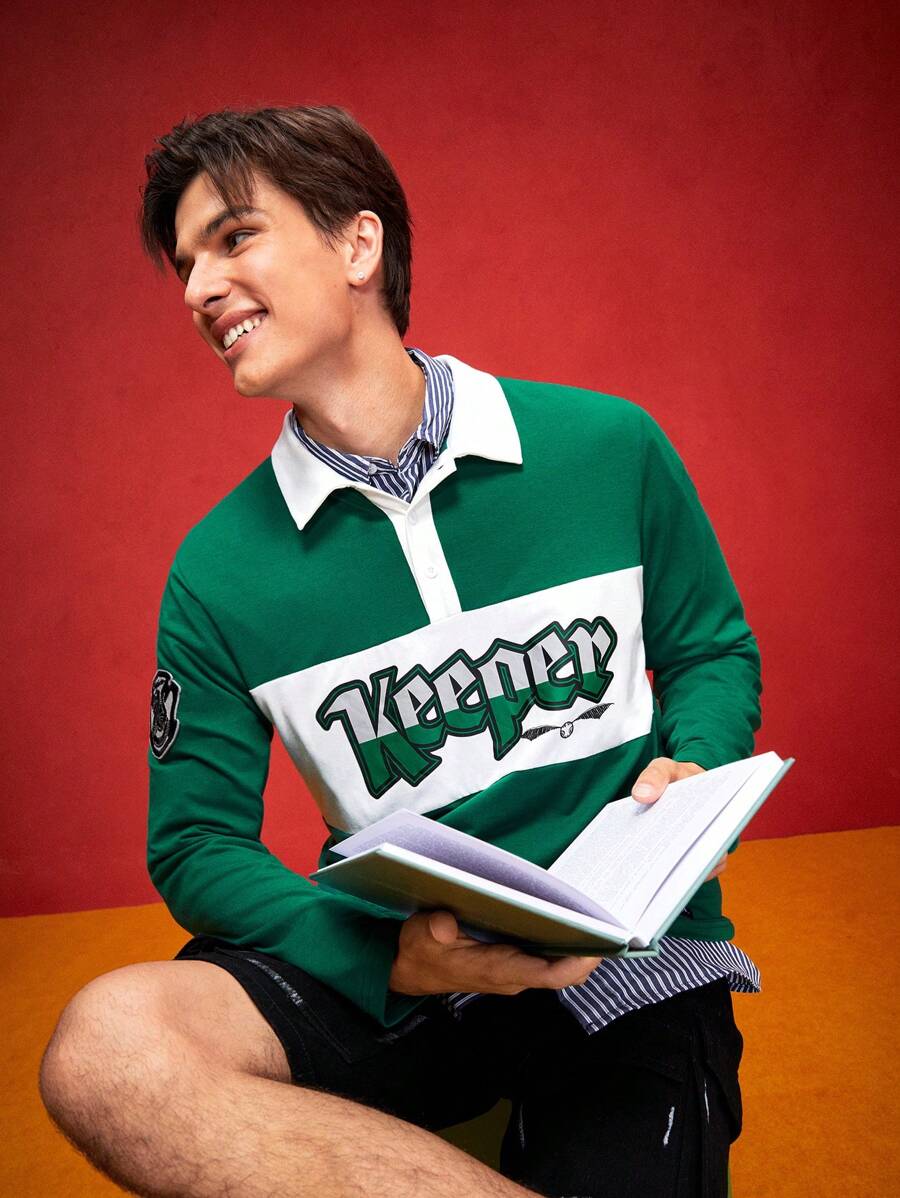 HARRY POTTER X SHEIN 男士休闲修身针织印花拼色半襟长袖 Polo 衫 - 綠色 - 查看 1