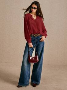 Poéselle Áo cánh cổ khoét dài tay mới mùa thu, thêu ren, trang phục công sở, thường ngày cho nữ - Màu Hoa hồng đỏ - Xem 2