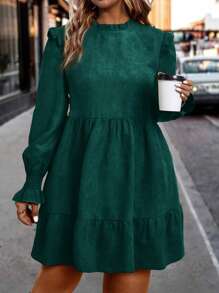 SHEIN LUNE Plus Size Solid Color Puff Sleeve Casual Dress For Autumn