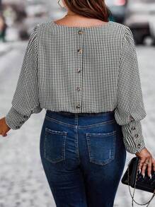 EMERY ROSE Plus Size Casual Plaid Buttoned Back Long Sleeve Shirt, Autumn - Black and White - View 1