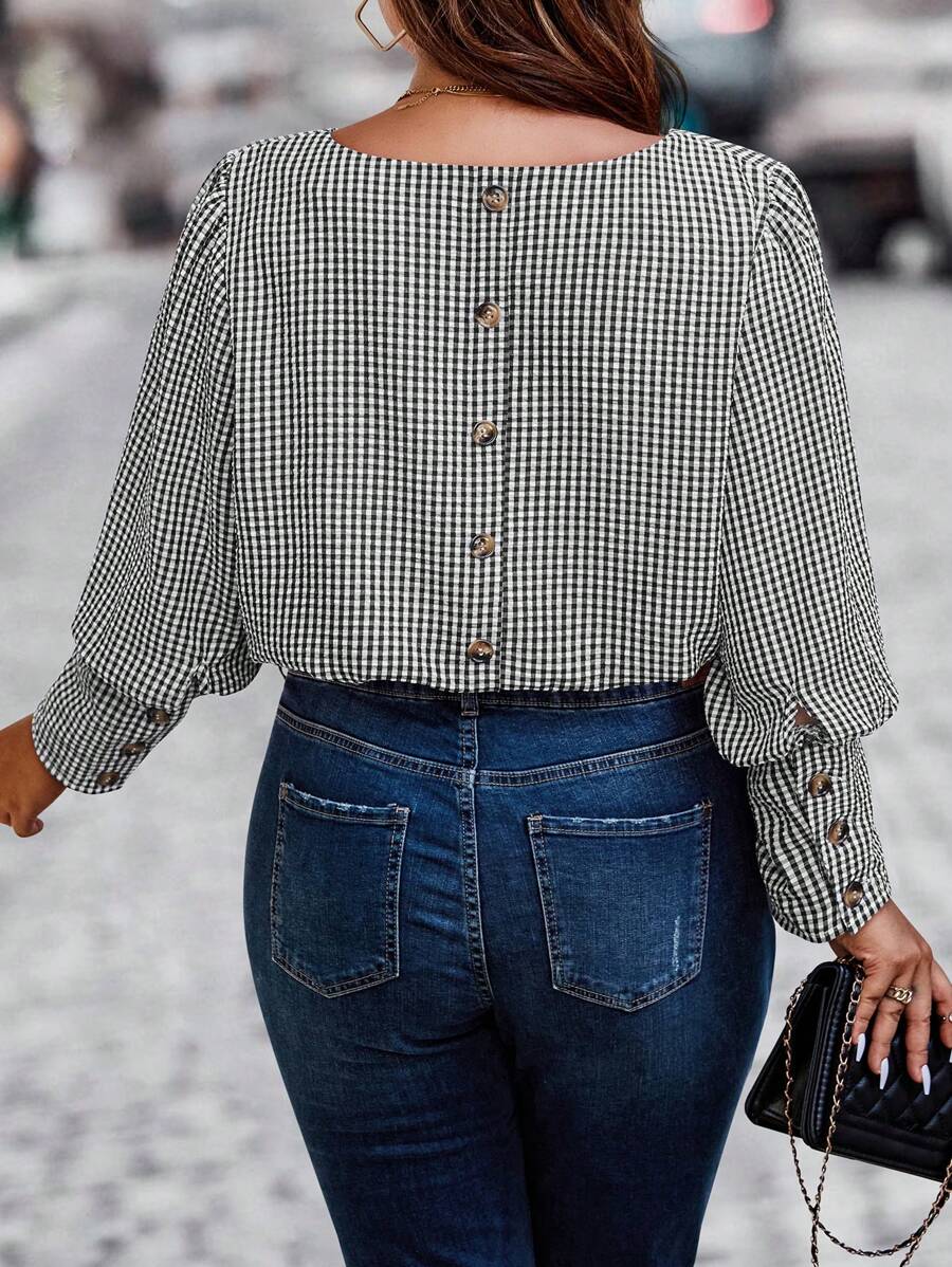 EMERY ROSE Plus Size Casual Plaid Buttoned Back Long Sleeve Shirt, Autumn - Black and White - View 1