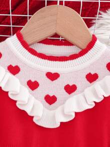 SHEIN Váy len dài tay in hình trái tim tương phản tay bồng cho bé gái, váy đỏ Giáng sinh, mùa thu/đông - Đỏ - Xem 6