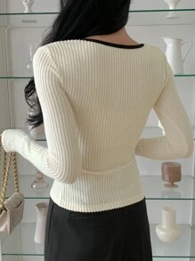 DAZY Dames herfst/winter casual color-block trim getailleerd T-shirt