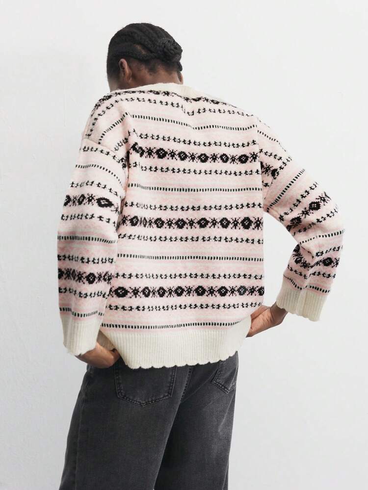 SHEIN Maija Women's Christmas Round Neck Long Sleeve Patterned Warm Knit Pullover, Simple Lightweight Pink Design For Winter