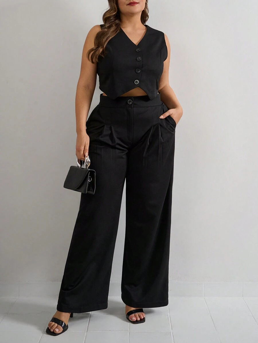 SHEIN Cottnline Cotton Solid Button Front Vest Blazer & Wide Leg Pants - Black - View 1