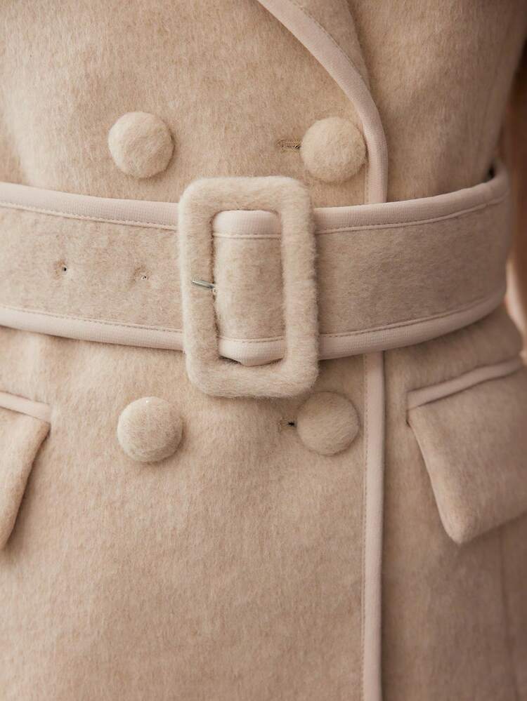 LAPEL COLLAR DOUBLE BREASTED PLACKET BUCKLE BELTED OVERCOAT