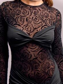 SHEIN Unity Twist Knot Bust Front Sexy Mesh Flocking Bodycon Dress Fall Cloth For Women - Black - View 7