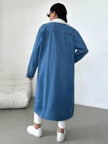 SHEIN Essnce Plus Size Denim Jacket, Casual Mid-Length Long Sleeve, Blue