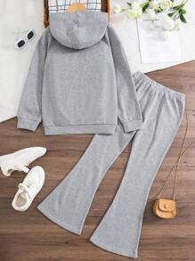 Tween Girl 2pcs Tween Girl Set - Ribbed Sleeve Hoodie & Wide Leg Pants - Grey - View 2