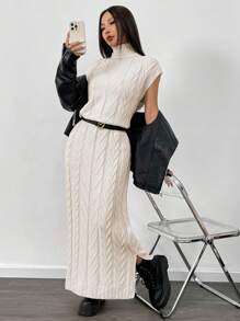 Chiquease Women High Neck Sleeveless Casual Long Knitted Sweater Dress