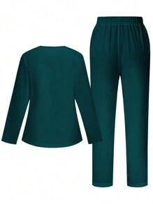 PopScrub Women Simple V-Neck Long Sleeve, Hanging Ear Pockets, Hem Slit Nursing Uniform Scrub Set - Dark Green - View 2