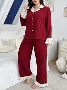 Snug Reverie Plus Size Two-Tone Ruffle Splice Bubble Chiffon Lapel Long Sleeve Top & Pants Pajama Set, Cozy Outfits, Fall Winter Clothes - Burgundy - View 7