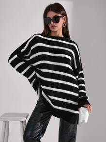 SHEIN Tall 高个子女式黑白条纹圆领超大长袖毛衣 - 黑與白 - 查看 1