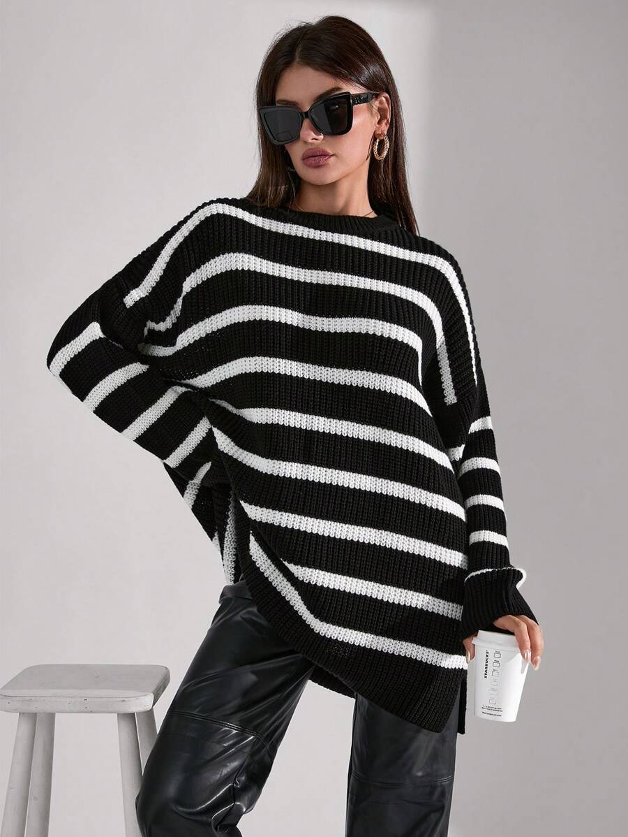 SHEIN Tall 高个子女式黑白条纹圆领超大长袖毛衣 - 黑與白 - 查看 1