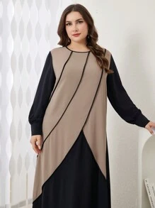 Lacomfia 大码拼色圆领连衣裙，纯色朴素长袖长裙，适合秋冬季 - 黑色 - 查看 5