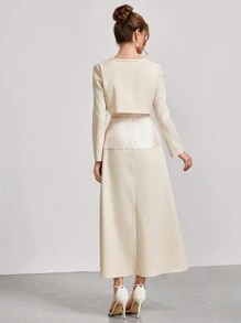 SHEIN Belle 纯色细肩带连衣裙搭配短袖方领夹克，优雅舞会礼服（重饰），舞会半正式礼服，适合生日、婚礼嘉宾、毕业返校节 - 杏色 - 查看 2