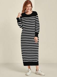 SHEIN LUNE Plus Size Color Block Striped Long Knit Sweater Dress, Casual Style For Autumn/Winter - Black and White - View 4