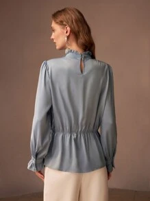 MOTF PREMIUM WOMEN SEQUIN AND BEADED APPLIQUES DETAIL FRILL MOCK NECK FLARE SLEEVE BLOUSE - Baby Blue - View 8