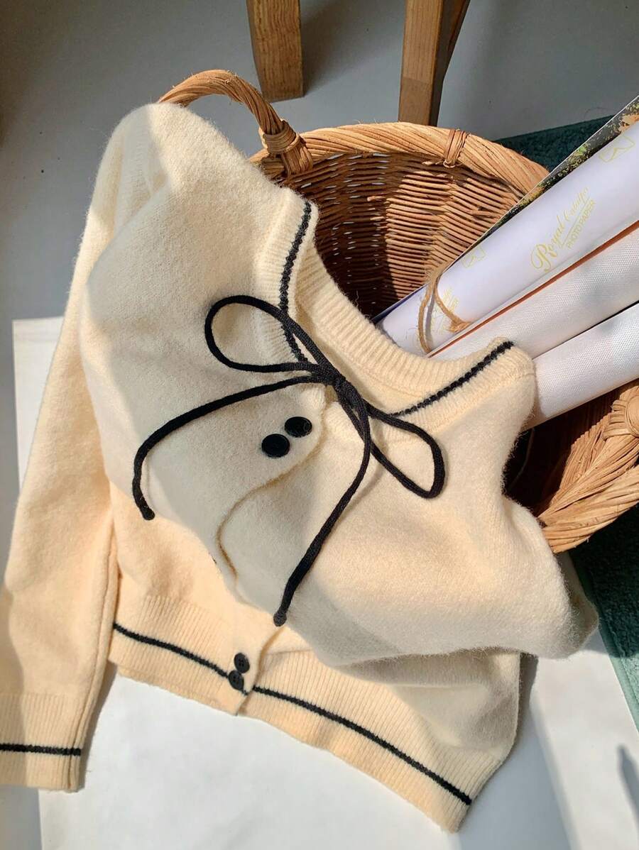 DAZY 女士休闲拼色蝴蝶结针织毛衣，秋冬，长袖上衣 - 杏色 - 查看 1