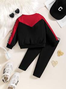 SHEIN 2pcs Baby Girls Cute Letter Pattern Color Block Long Sleeve Sweatshirt And Elastic Waist Pants Set, Autumn/Winter