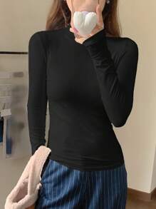 DAZY Áo thun nữ tay dài cổ lọ màu trơn thường ngày, quần áo mùa thu cho nữ - màu đen - Xem 3