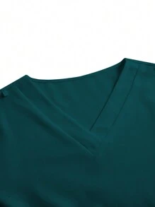 PopScrub Women Simple V-Neck Long Sleeve, Hanging Ear Pockets, Hem Slit Nursing Uniform Scrub Set - Dark Green - View 8