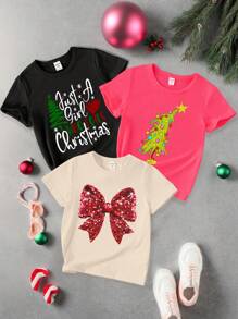 SHEIN 3 件套年轻女孩圣诞彩色圣诞树，闪亮红色蝴蝶结和口号图案短袖 T 恤，圣诞派对可爱休闲装 - 彩色 - 查看 3