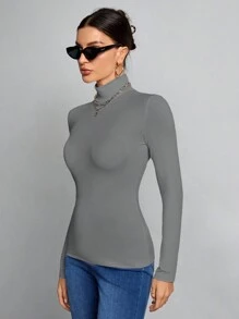 SHEIN Tall Simple Solid Color Slim High Collar White Top Suitable For Autumn And Winter, Tall Women - Grey - View 5
