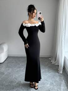 Chiquease Vestido ajustado con decoración floral y escote barco para mujer, elegante para otoño/invierno