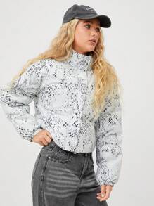 SHEIN EZwear 女士休闲日常保暖拉链全印花风衣夹克，适合冬季 - 淺灰色 - 查看 4