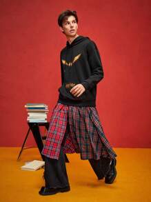 HARRY POTTER X SHEIN Men's Casual Loose Golden Snitch Print Black Kangaroo Pocket Hoodie Sweatshirt, Autumn/Winter - Black - View 5