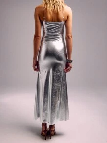 SHEIN Unity Clear Strap Metallic Ruched Drape Dress - Silver - View 2