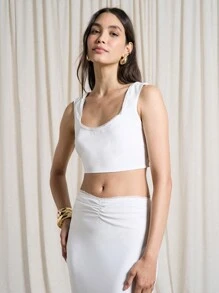 AiiRZ Satin Lace Trim Sleeveless Crop Top And Ruched Detail Maxi Skirt Two-Piece Co-Ord Set - White - View 3
